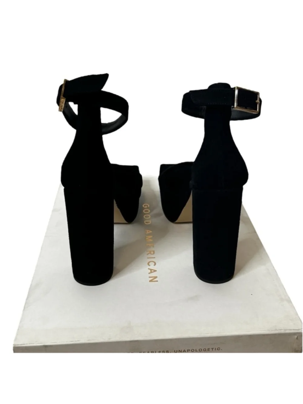 Good American Black Suede Ankle Strap Chunky Platform Sandal Heels Size 9